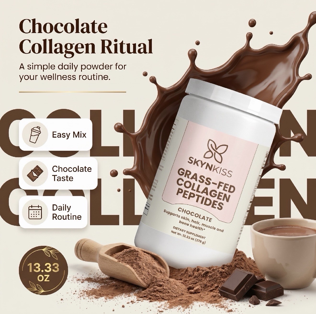 SKYNKISS Grass-Fed Collagen Peptides Powder – Chocolate Flavor