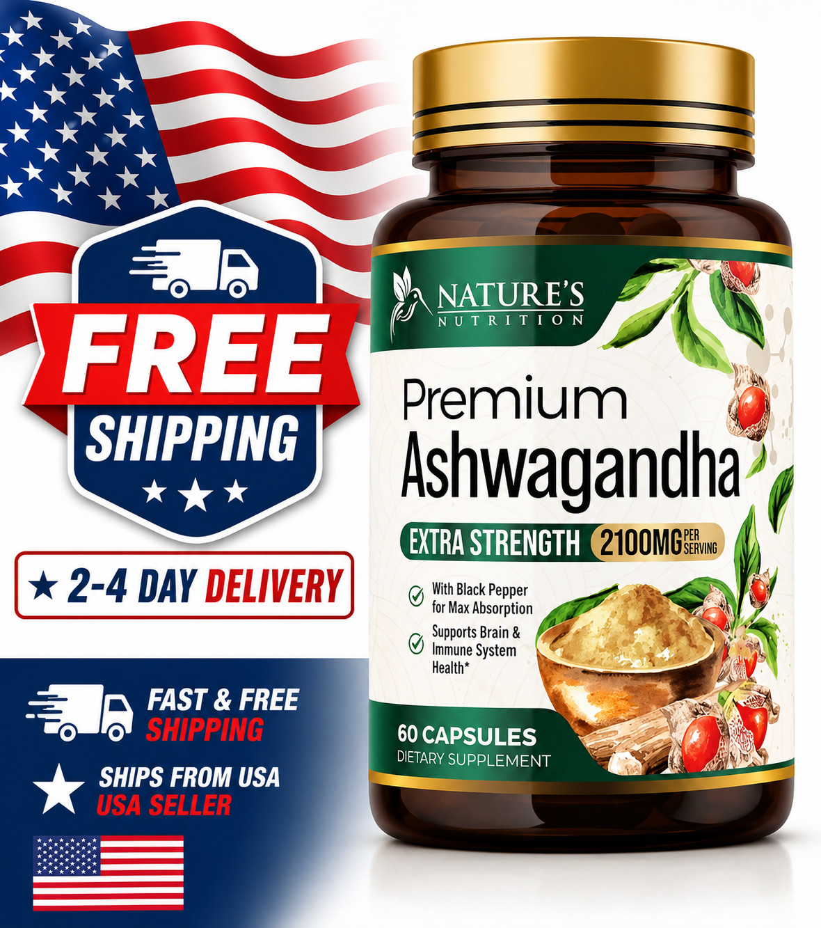 Organic Ashwagandha 2100mg, 60 Capsules w/ Black Pepper Root Supplement