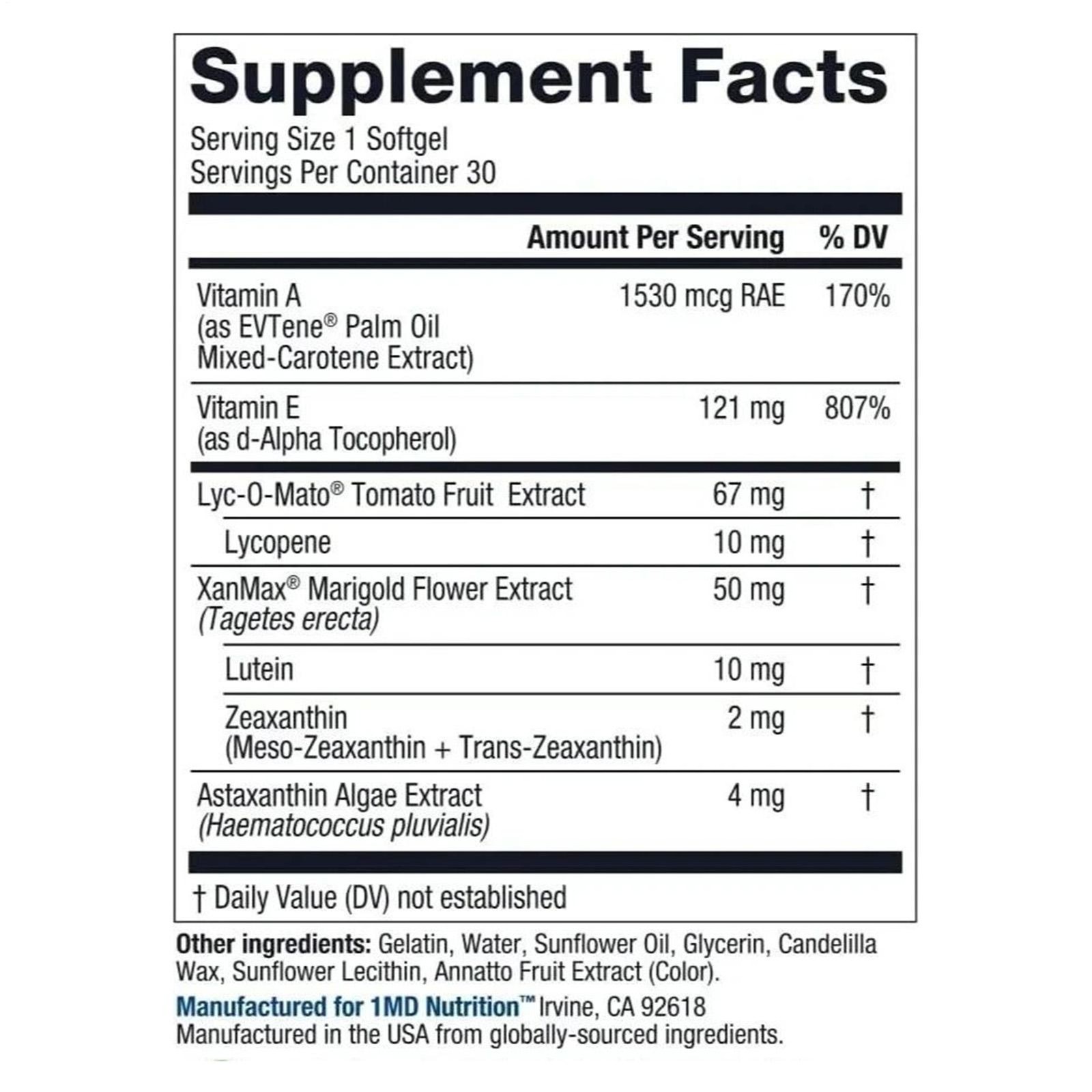 3X 1MD Nutrition Vision MD Eye Vitamin CARMIS – Eye Supplement – 30 Softgels