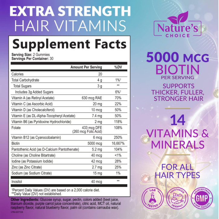 Hair Gummies 5000mcg Biotin Vitamins C & E for Healthy Hair, Skin, & Nails