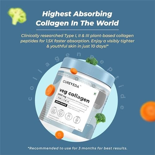 Cureveda Veg Collagen Peptide 5000mg 150g Skin Hair Nails Support Powder Jar FS