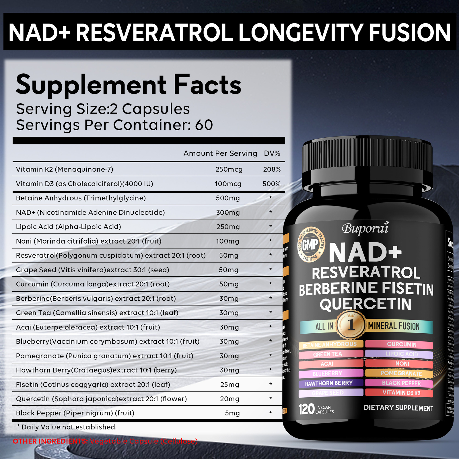 NAD+, Trans-Resveratrol, Quercetin, Berberine, Grape Seed, Hawthorn, Anti-Aging
