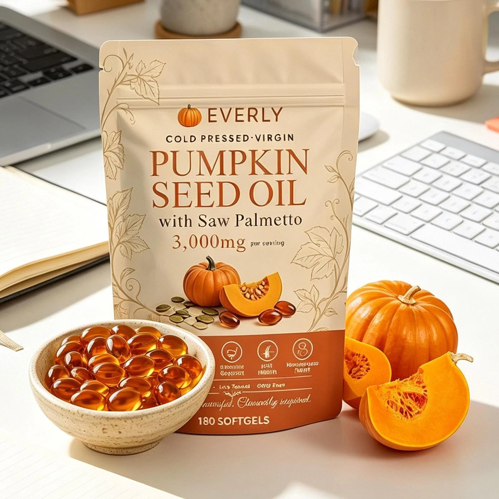 Everly Pumpkin Seed Oil with Saw Palme tto, 180 Softgels, Cold Pressed Pumpkin