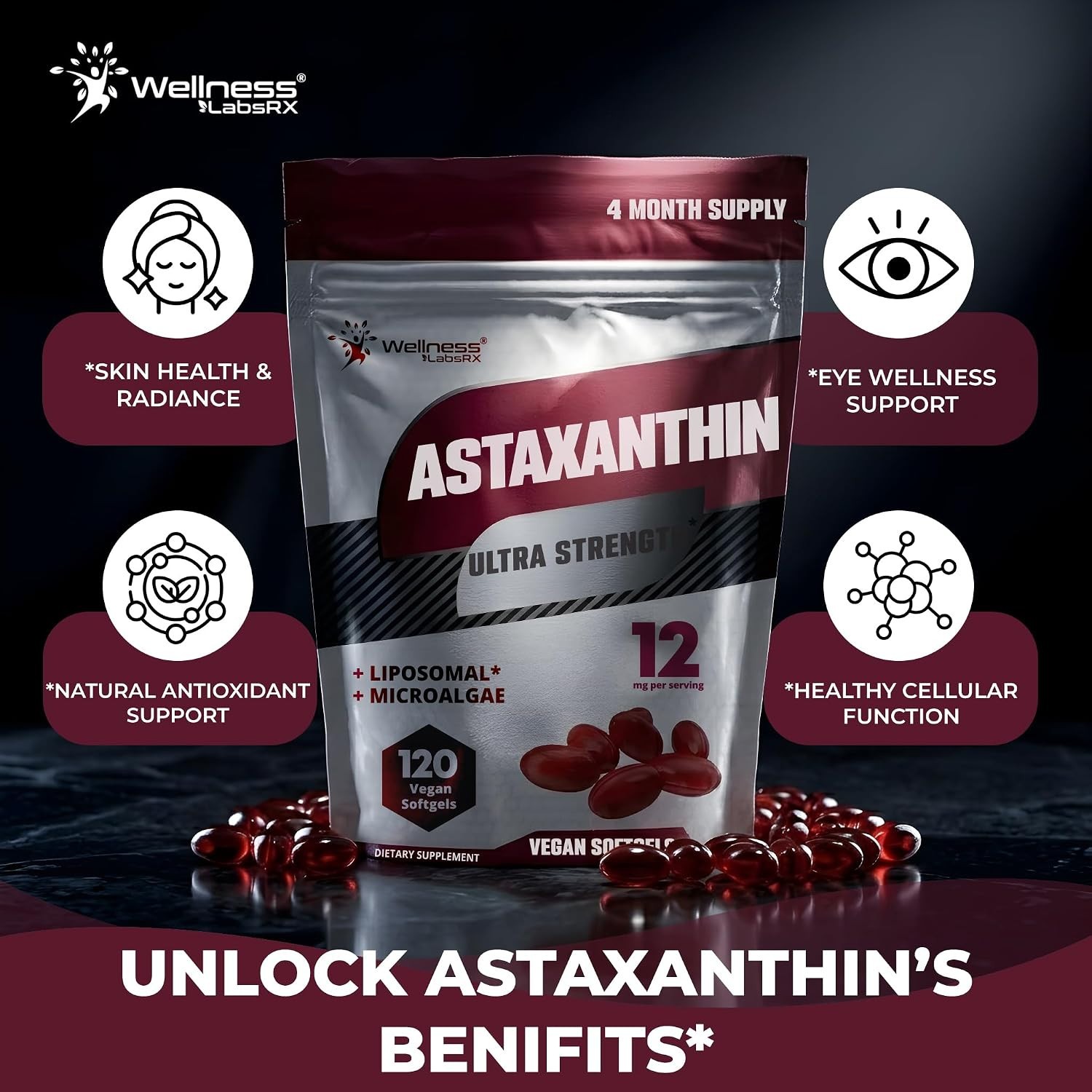 Liposomal Astaxanthin 12mg – 120 Vegan Softgels, 4 Month Supply, Natural Astaxan