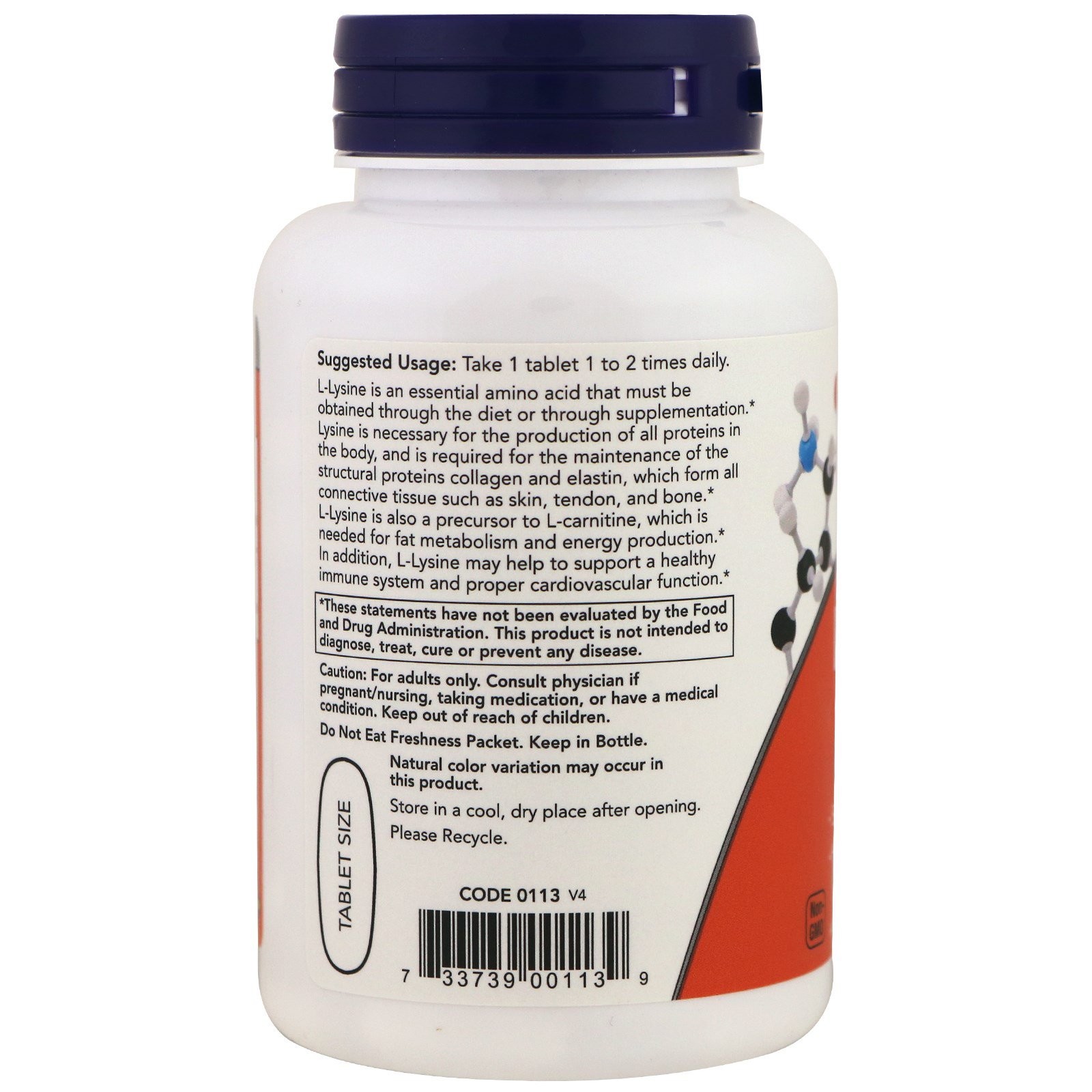 Now Foods L-Lysine 1 000 mg 100 Tablets GMP Quality Assured, Kosher, Vegan,