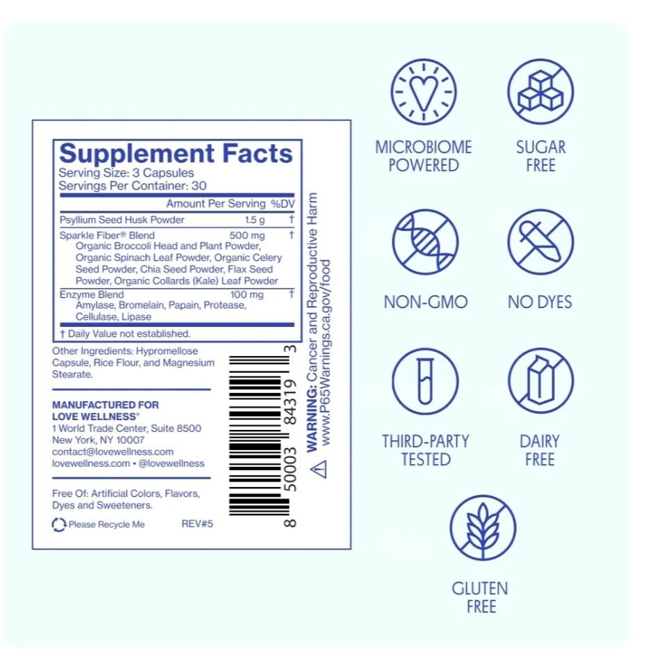 Love Wellness Sparkle Fiber Supplement. “Femcare” Daily Gut, Hormones & Vag-90ct