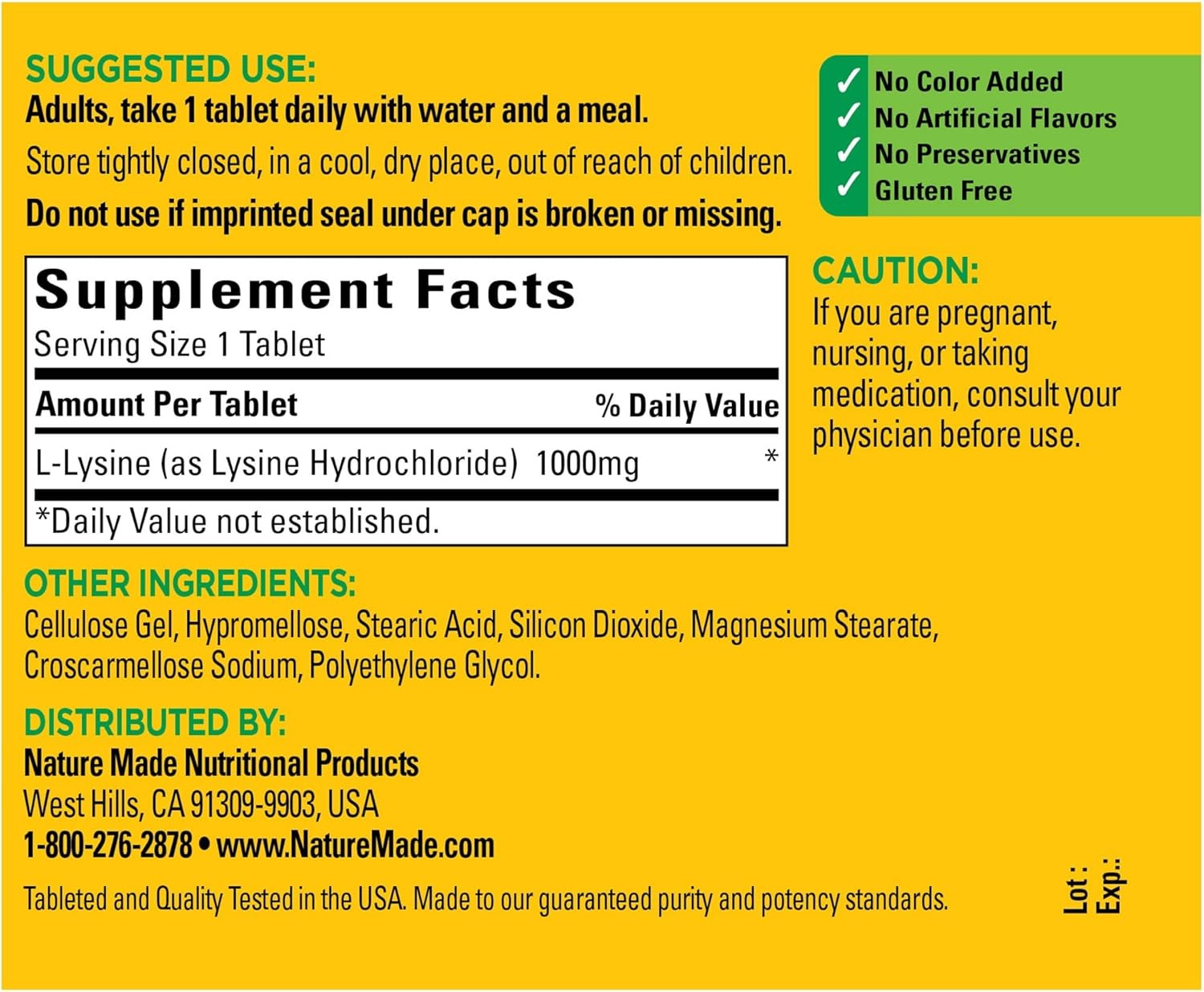L-Lysine 1000 Mg, Dietary Supplement, 60 Tablets, 60 Day Supply
