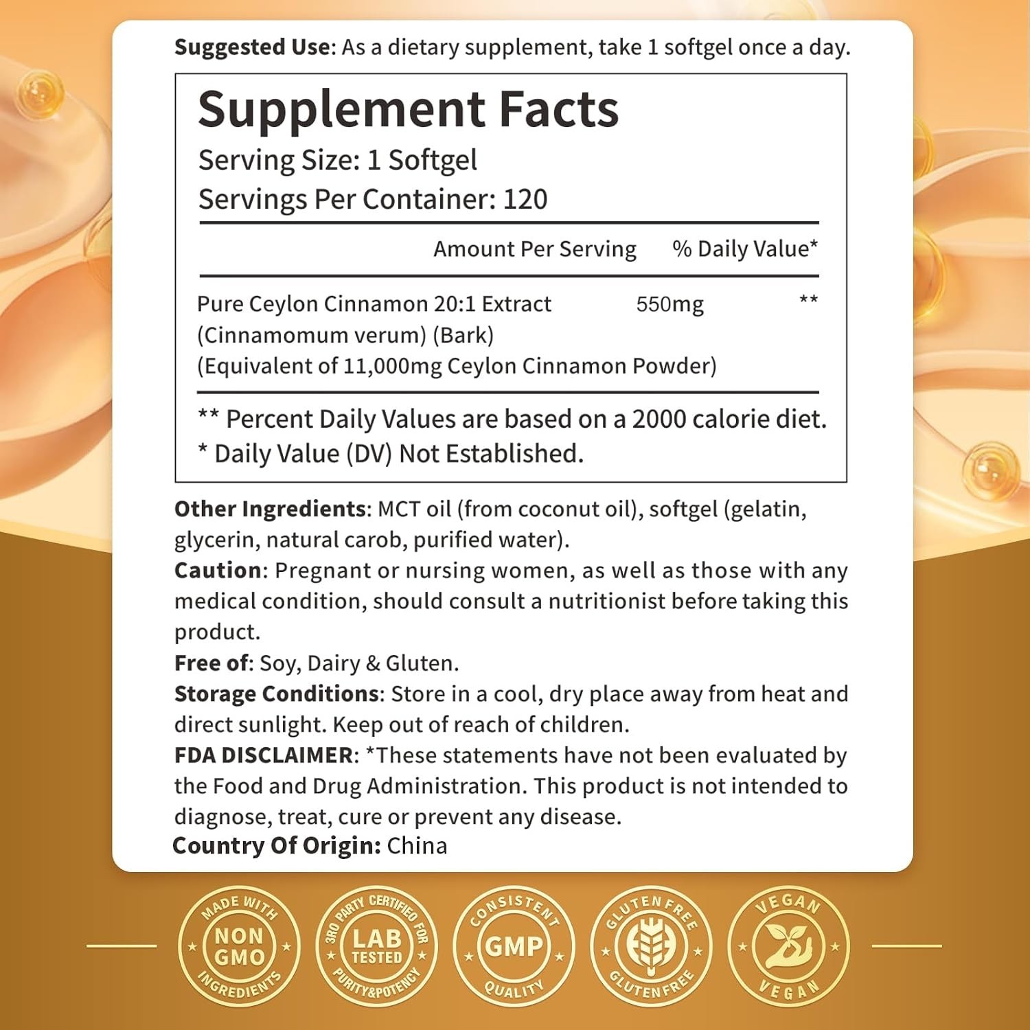 120 Count Bioavailable Ceylon Cinnamon & MCT Oil Softgels for Metabolism Boost