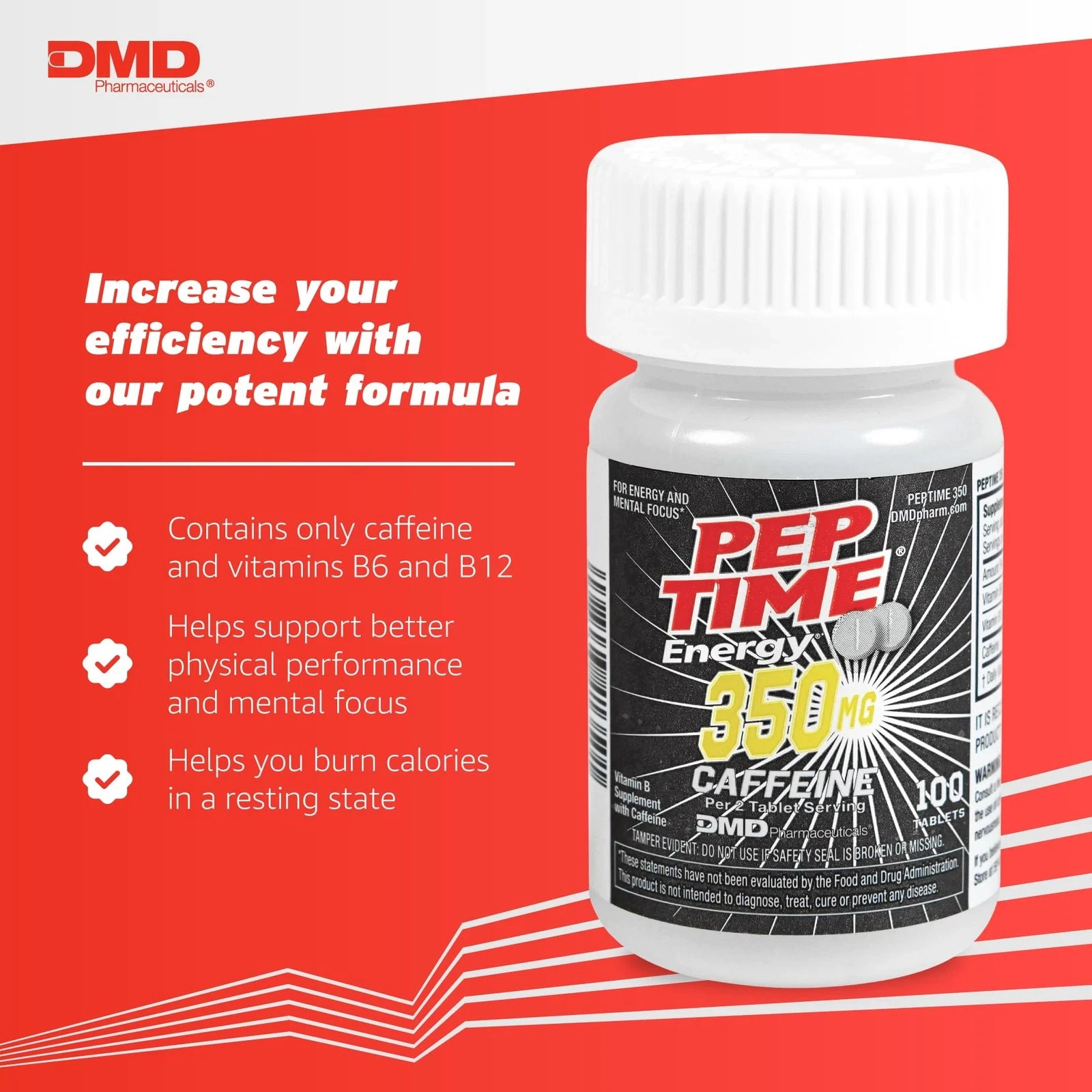 PEPTIME Energy Tablets, Vitamin B6 and B12 Caffeine Pills, 350 mg Caffeine pe…