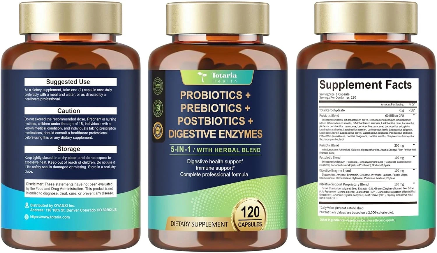 Totaria 5-In-1 Probiotic Prebiotic & Postbiotic for Women Men, 60 Billion CFU 24