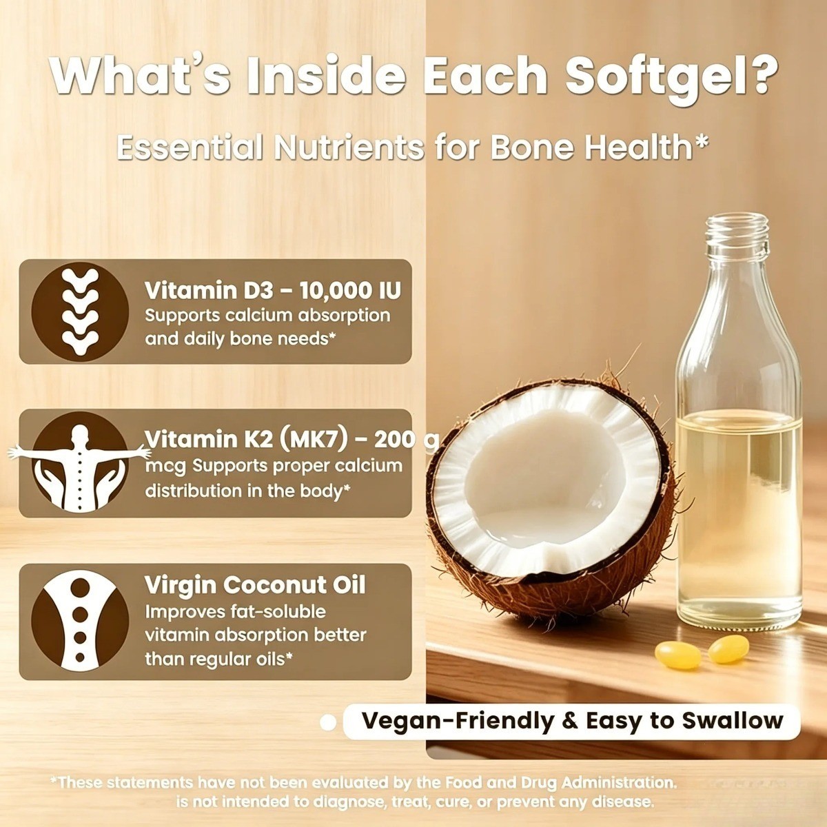VEV 300 Softgels Vitamin D3 K2–10000 IU,2-in-1 with Coconut Oil for Bone & Heart