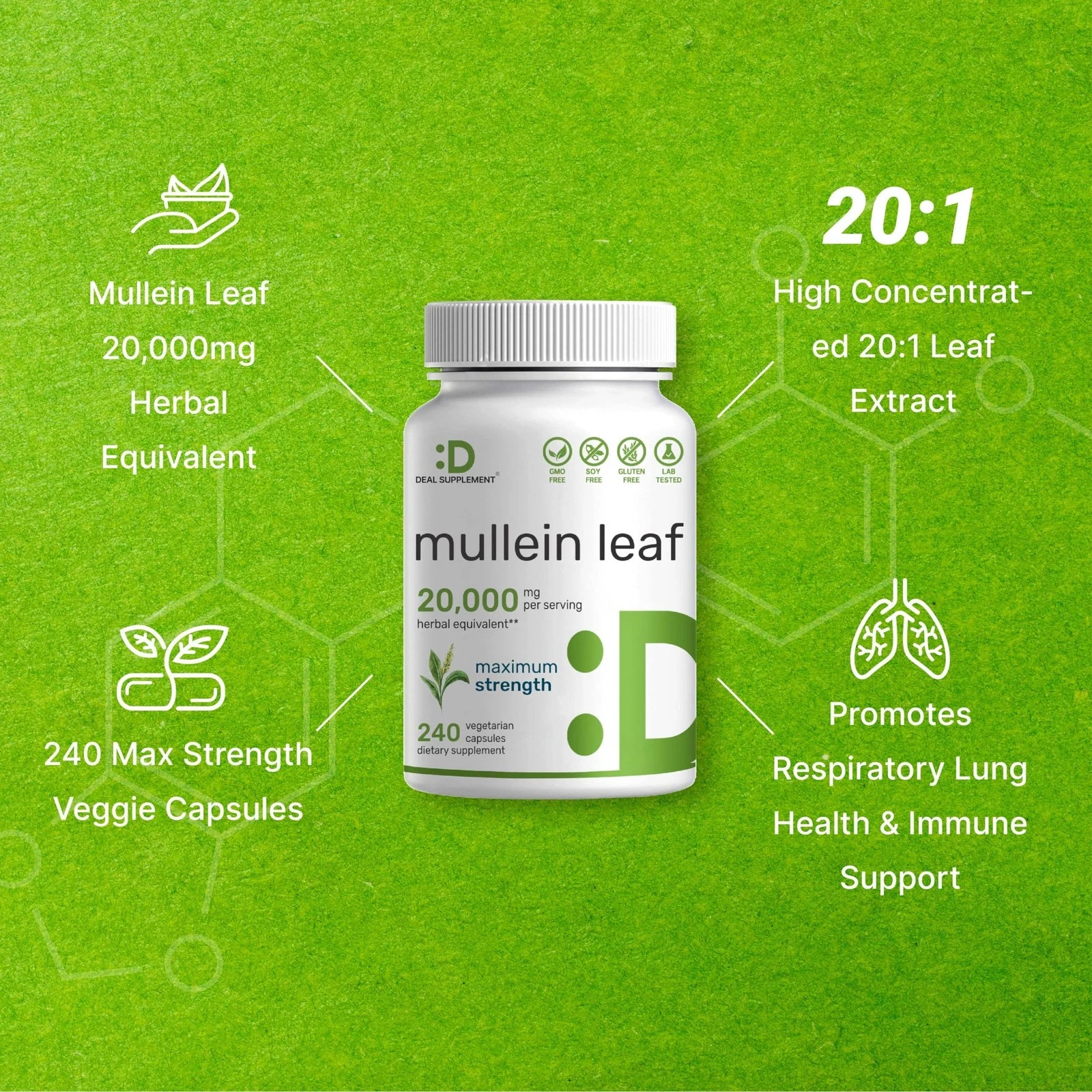 Mullein Leaf Extract 20,000m , 240 Veggie Capsuleses – 4 240 Count (Pack of 1)