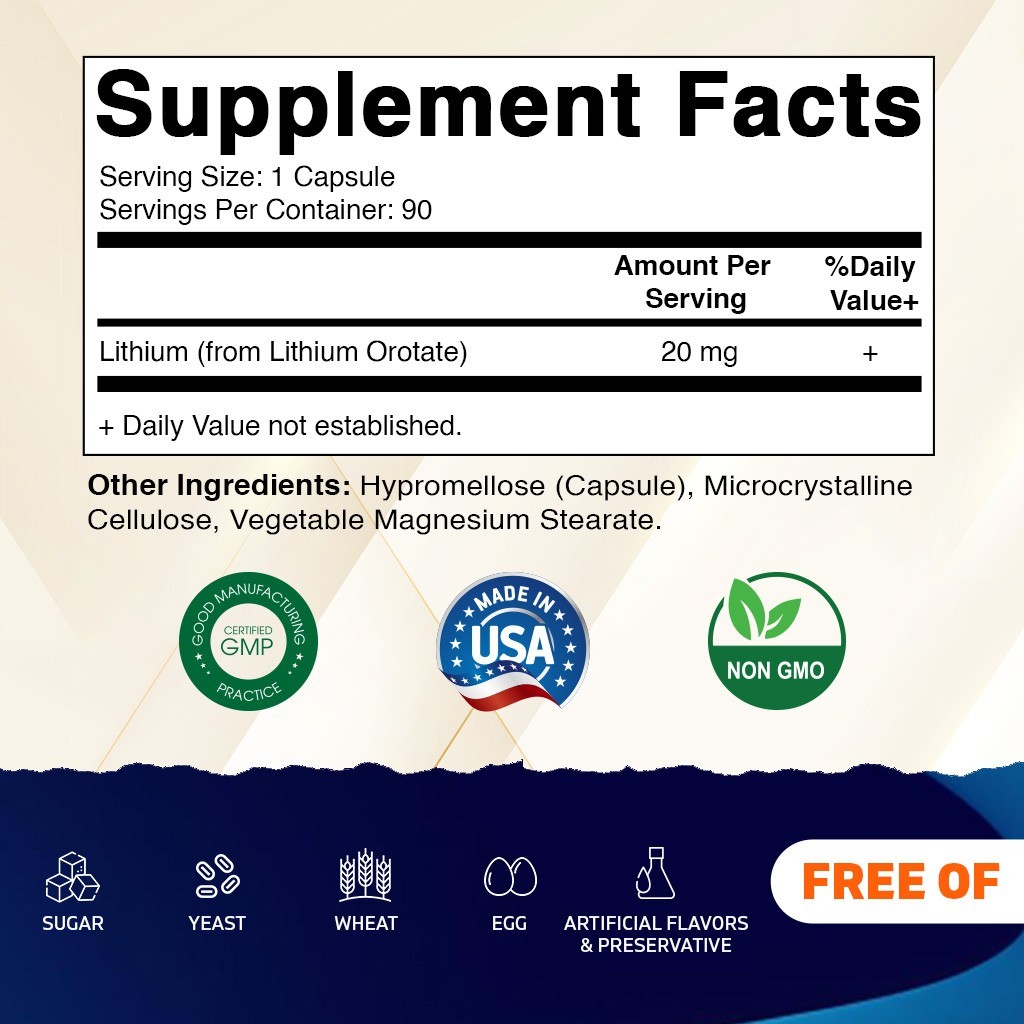 Vitamatic Lithium Orotate 20mg, 90 Capsules – Veggie Caps, Non-GMO, Gluten Free