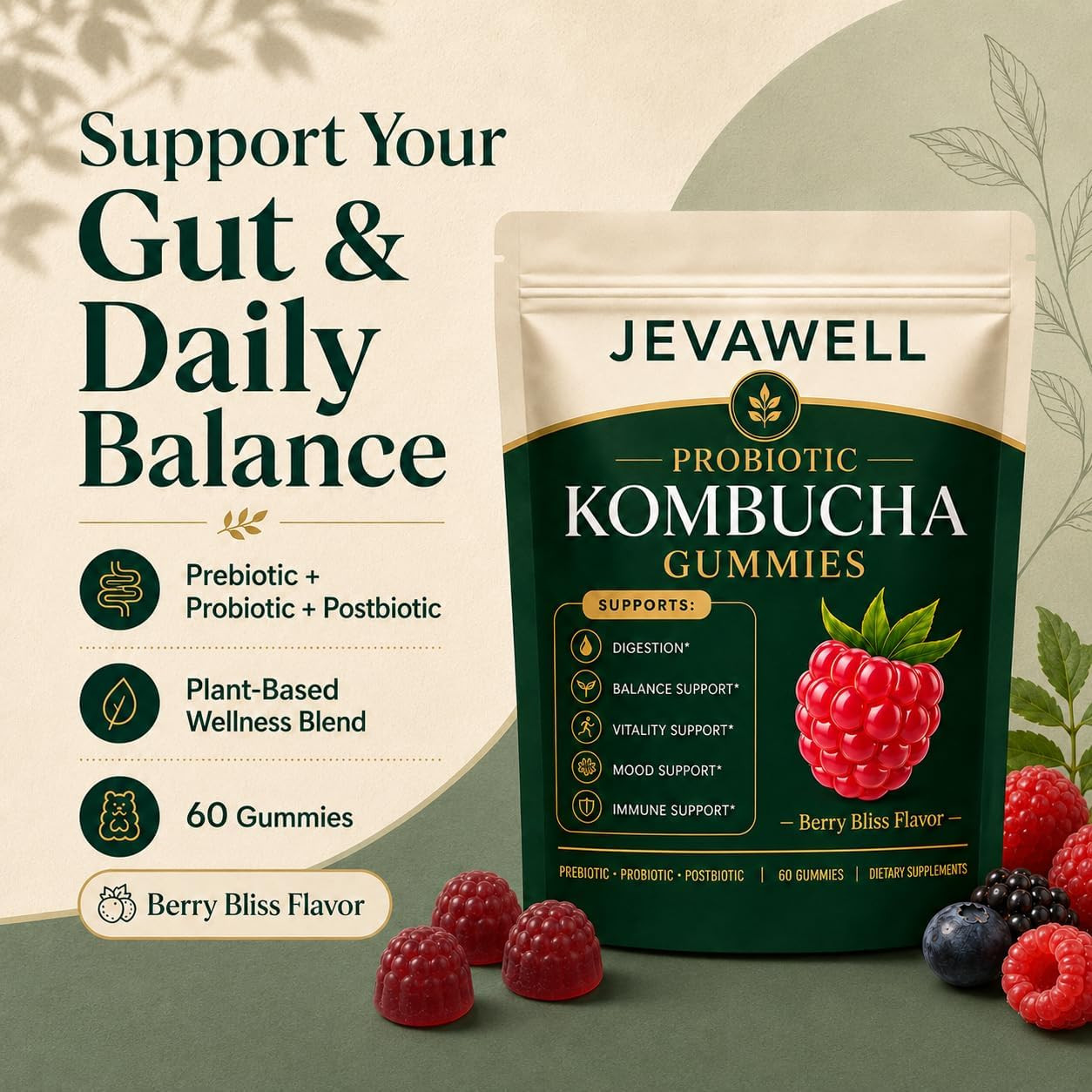 JEVAWELL Probiotic Kombucha Gummies – Prebiotics, Probiotics & Postbiotics – Sli