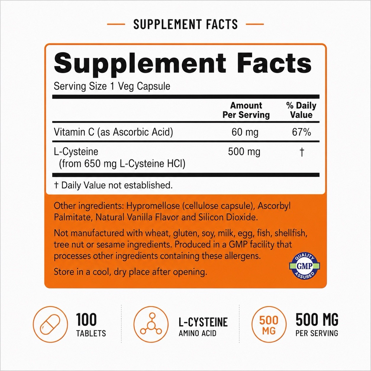 NOW L-Cysteine 500mg 100 Tablets Hair Skin Nails Antioxidant Detox Support
