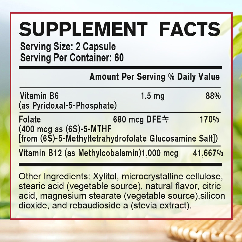 Methyl B-12 & Methyl Folate Plus P5P Vitamin B6, B12, Extra Strength,120 Pills