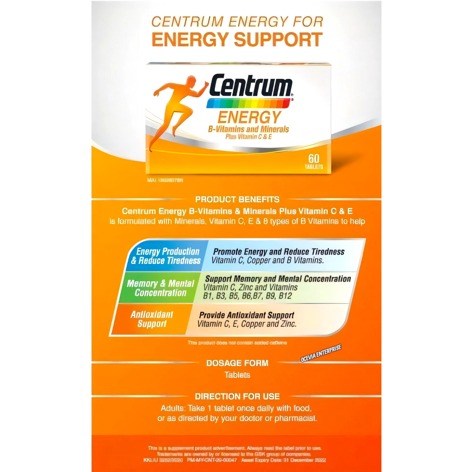 1X60’s New Centrum Energy B-Vitamins & Minerals + Vitamin C & E Daily Supplement