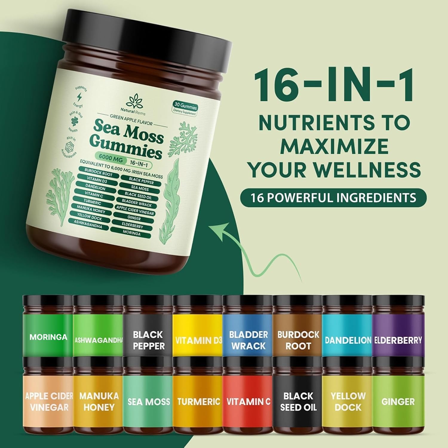 Natural Rems Sea Moss Gummies 16in1 Ashwagandha Black Seed Oil Bladder Wrack…