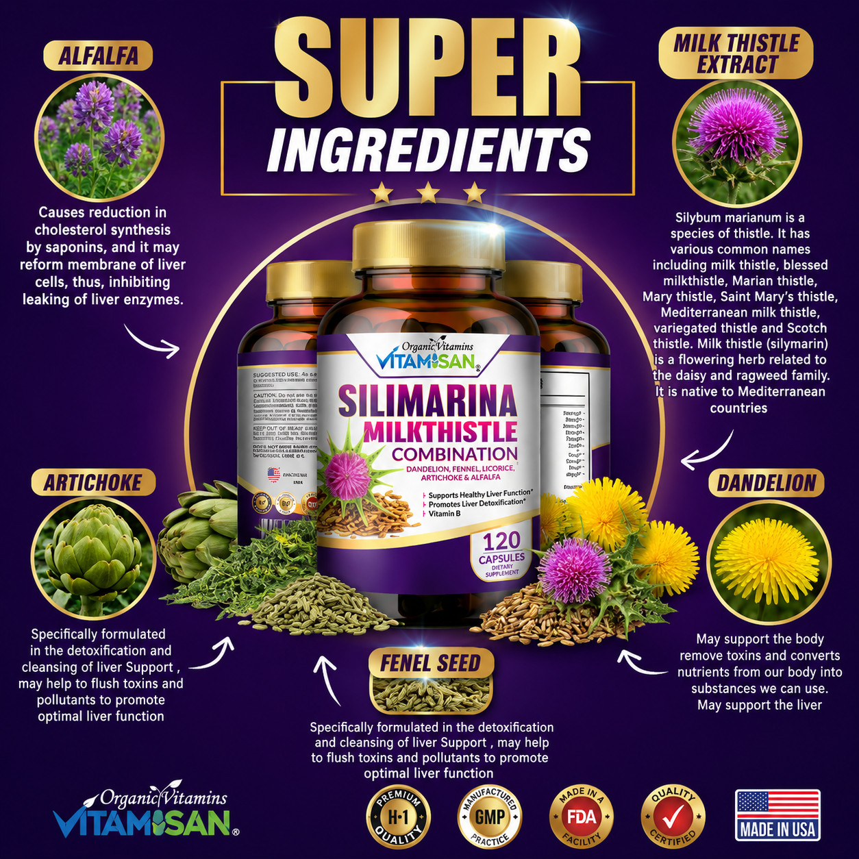 Naturals 3 PACK Milk Thistle Silimarina 120 Capsules Made in USA organic vitamin