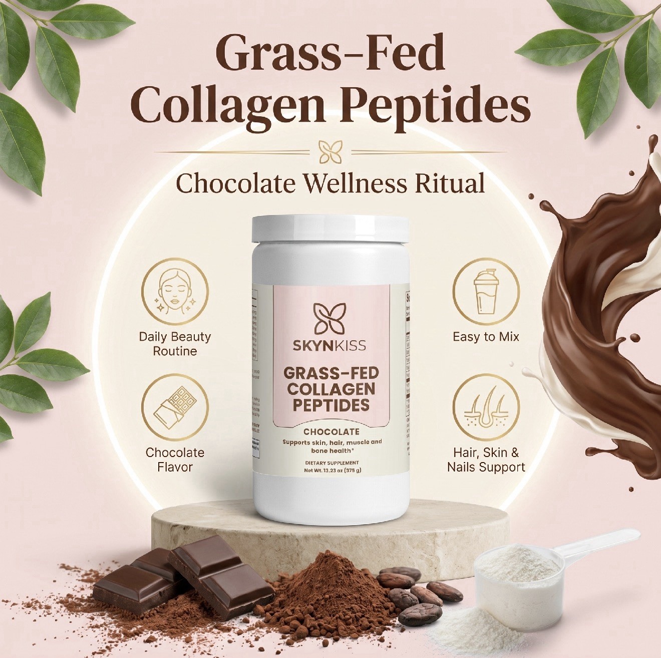 SKYNKISS Grass-Fed Collagen Peptides Powder – Chocolate Flavor