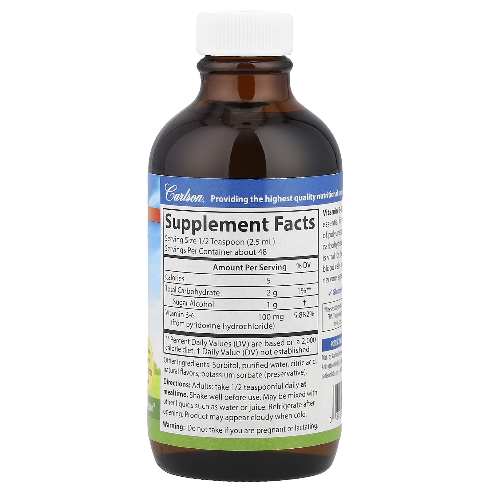 Carlson Labs B-6 Liquid 4 fl oz 120 ml Gluten-Free, Milk-Free, Soy-Free,