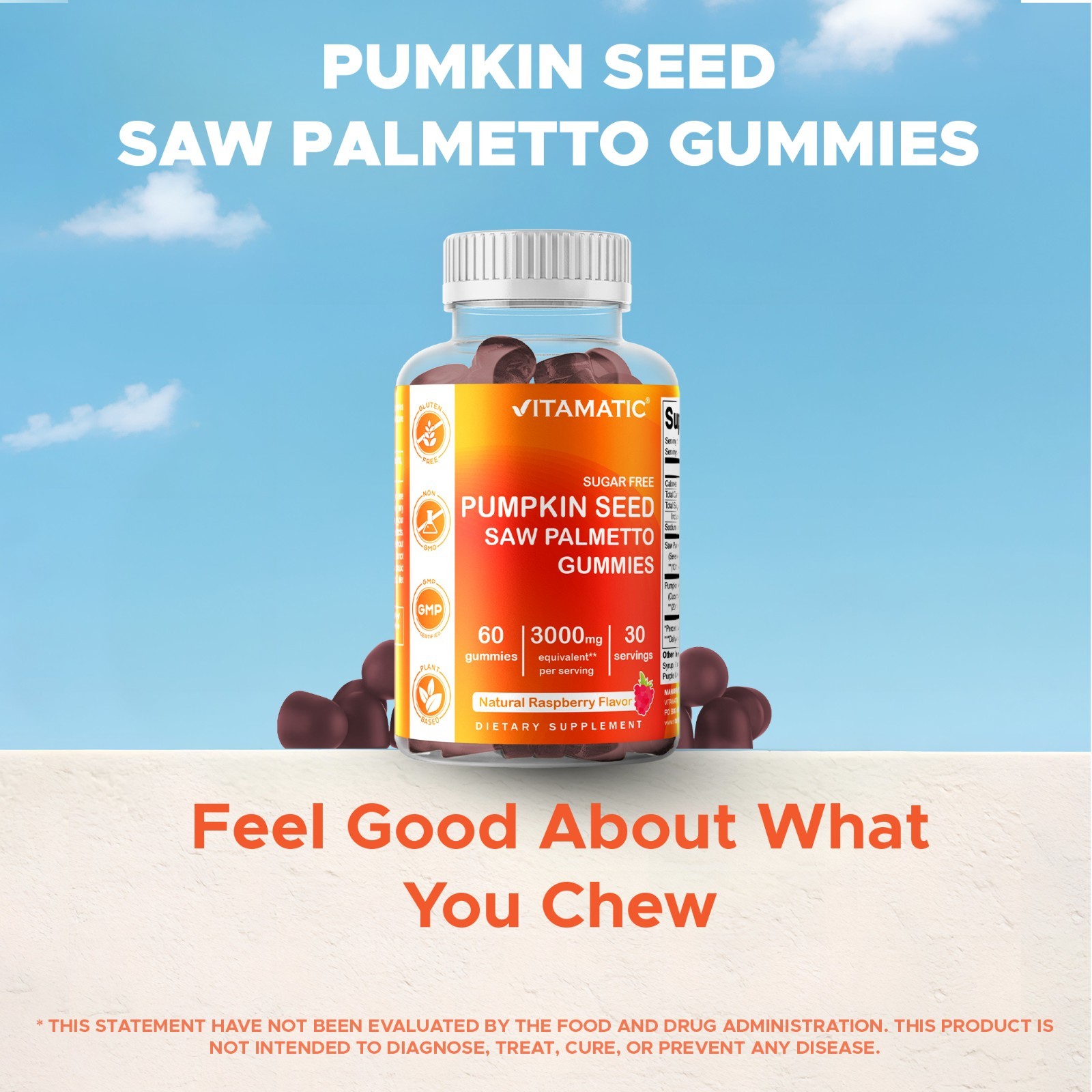 Vitamatic 2 Packs Sugar Free Pumpkin Seed Gummies Natural Raspberry Flavor-60 ct