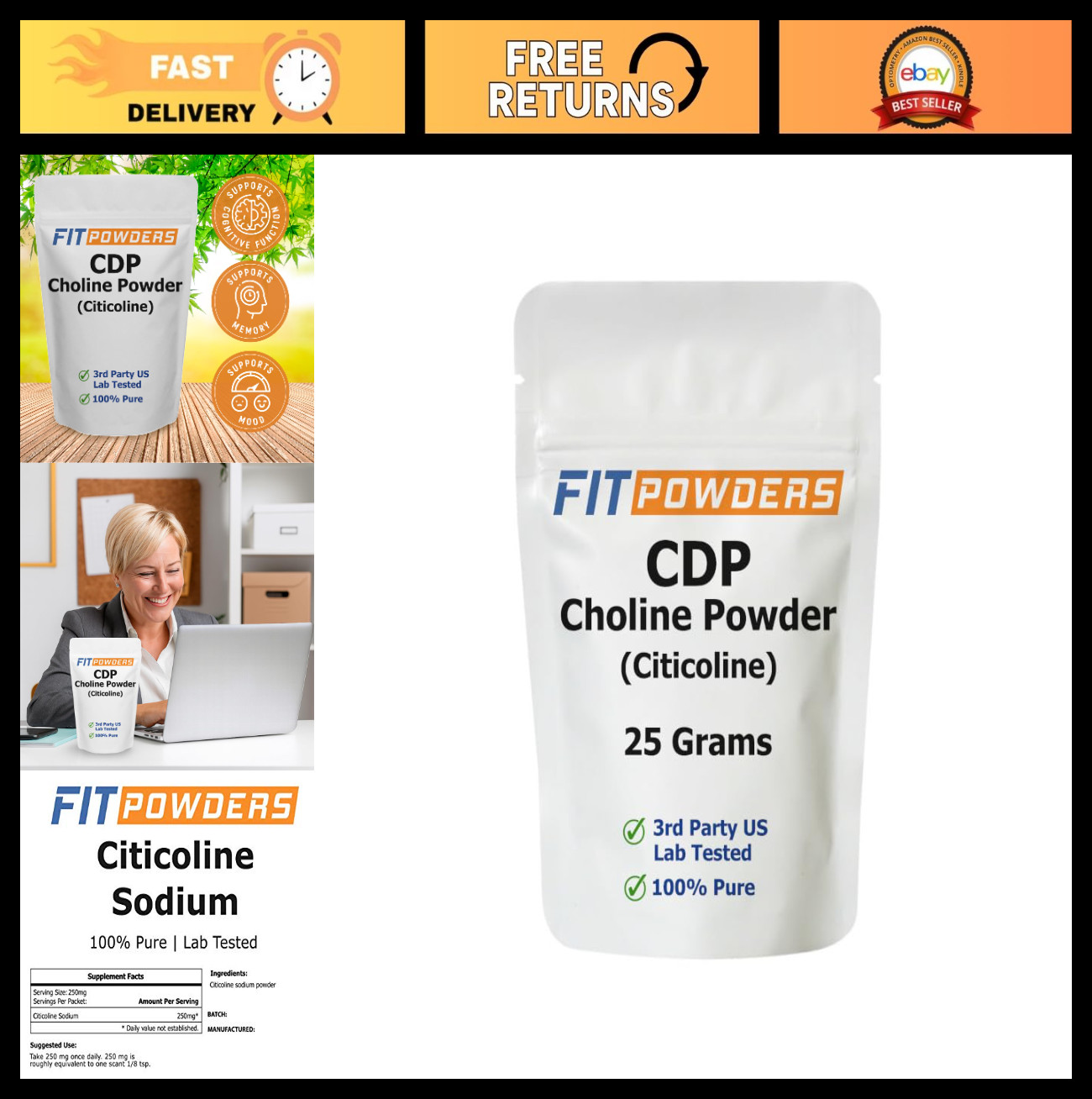 Pure Citicoline Powder – CDP Choline Supplement, 25g with Scoop for Brain Health