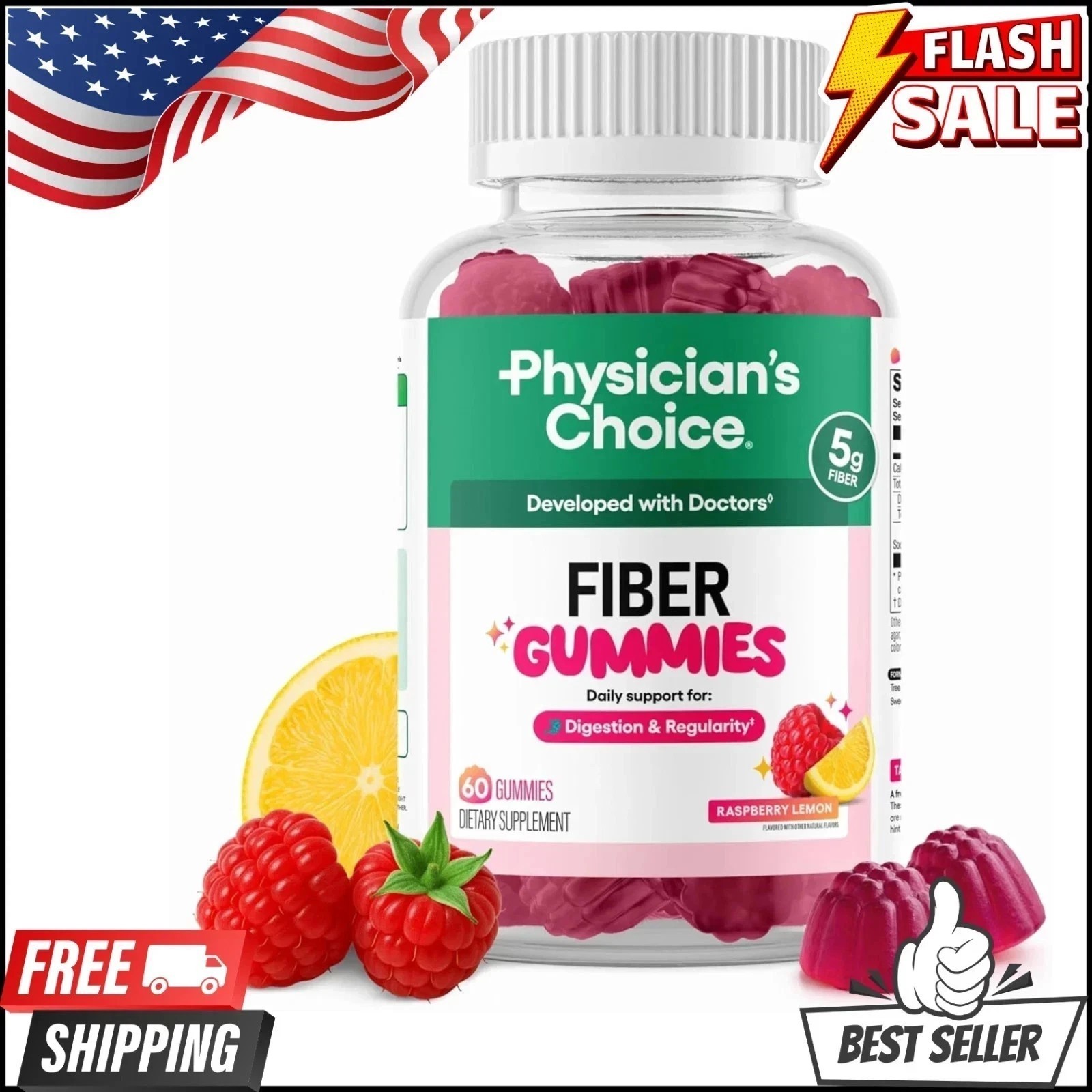 3 BOTTLES Physician’s Choice Fiber Gummies: Digestive Health & Regularity NEW