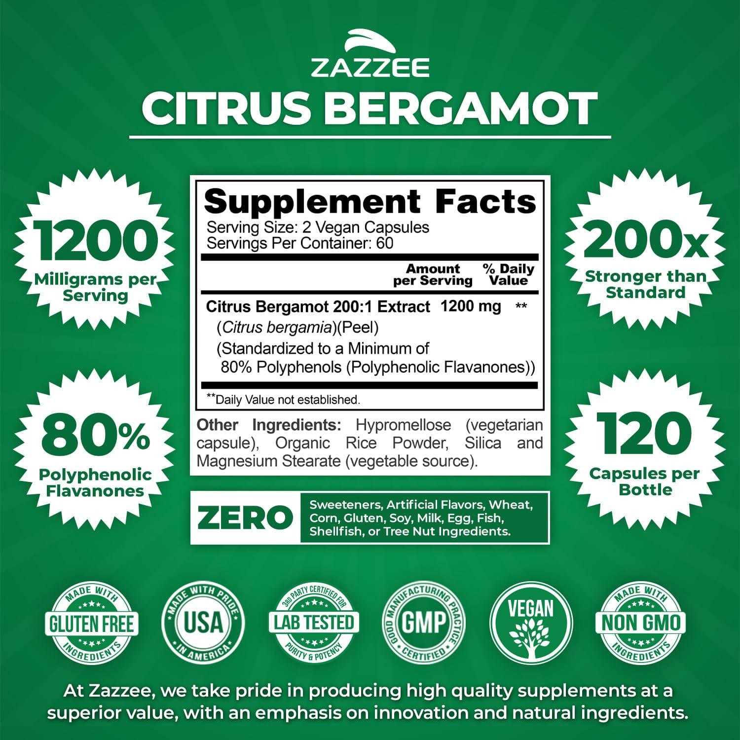 Zazzee Extra Strength Citrus Bergamot 200:1 Extract 1200 mg, 80% Polyphenols