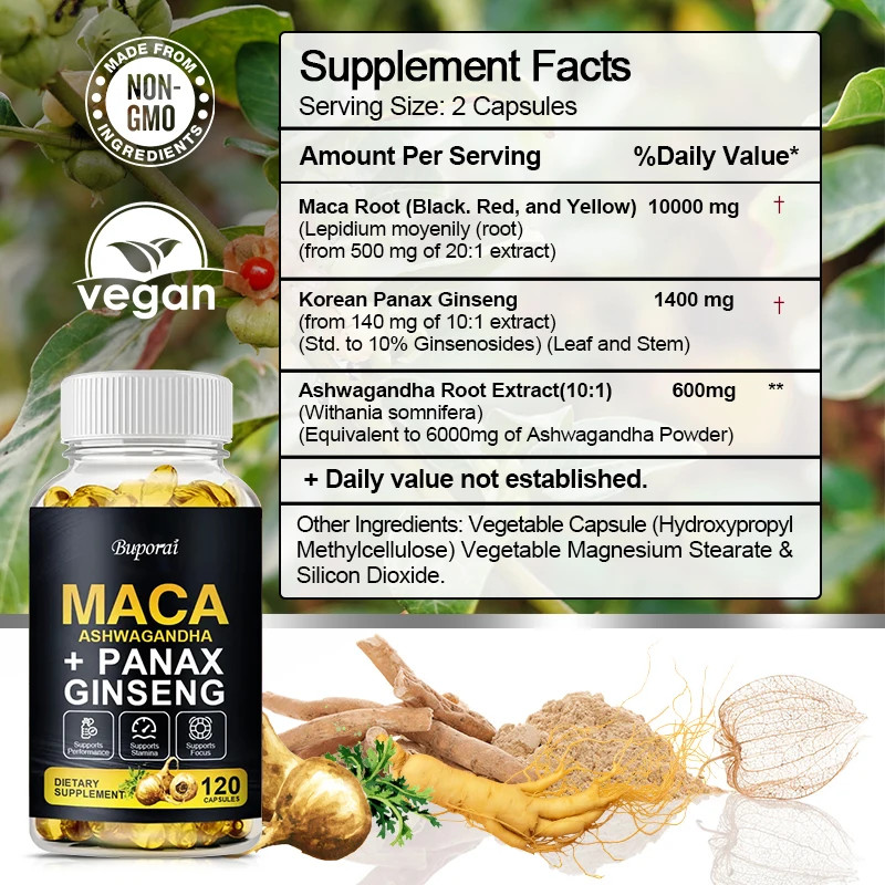 Maca Root 120pcs, Endurance,Stamina and Men Performance, Improved Mood and Focus
