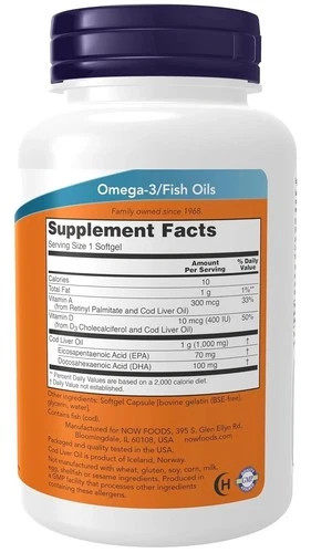 NOW Foods Cod Liver Oil 1000mg Extra Strength with Vitamins A & D Supplements