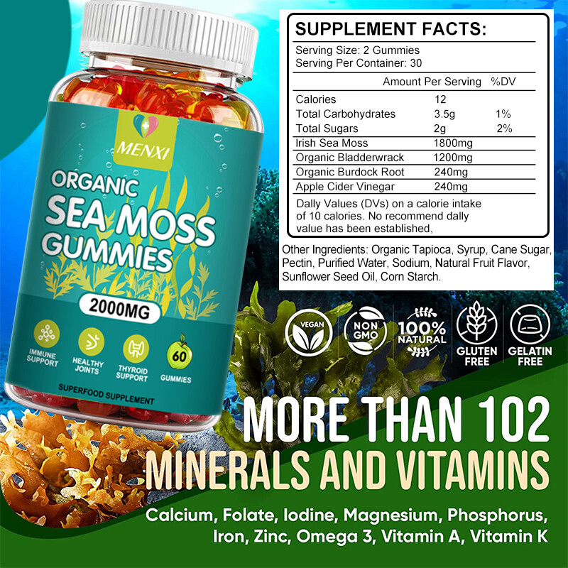 Organic Sea Moss Gummies 2000mg,Irish Moss, w/ Bladderwrack Dietary Supplement