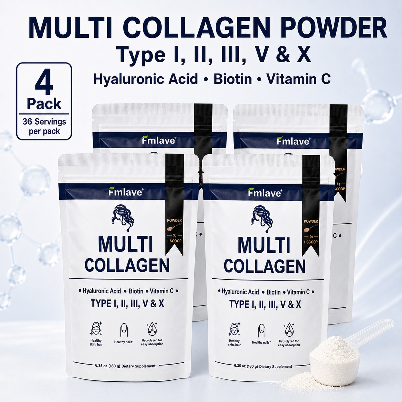 Multi Collagen Peptides Powder Type I II III V X VitaminC Biotin Hyaluronic Acid