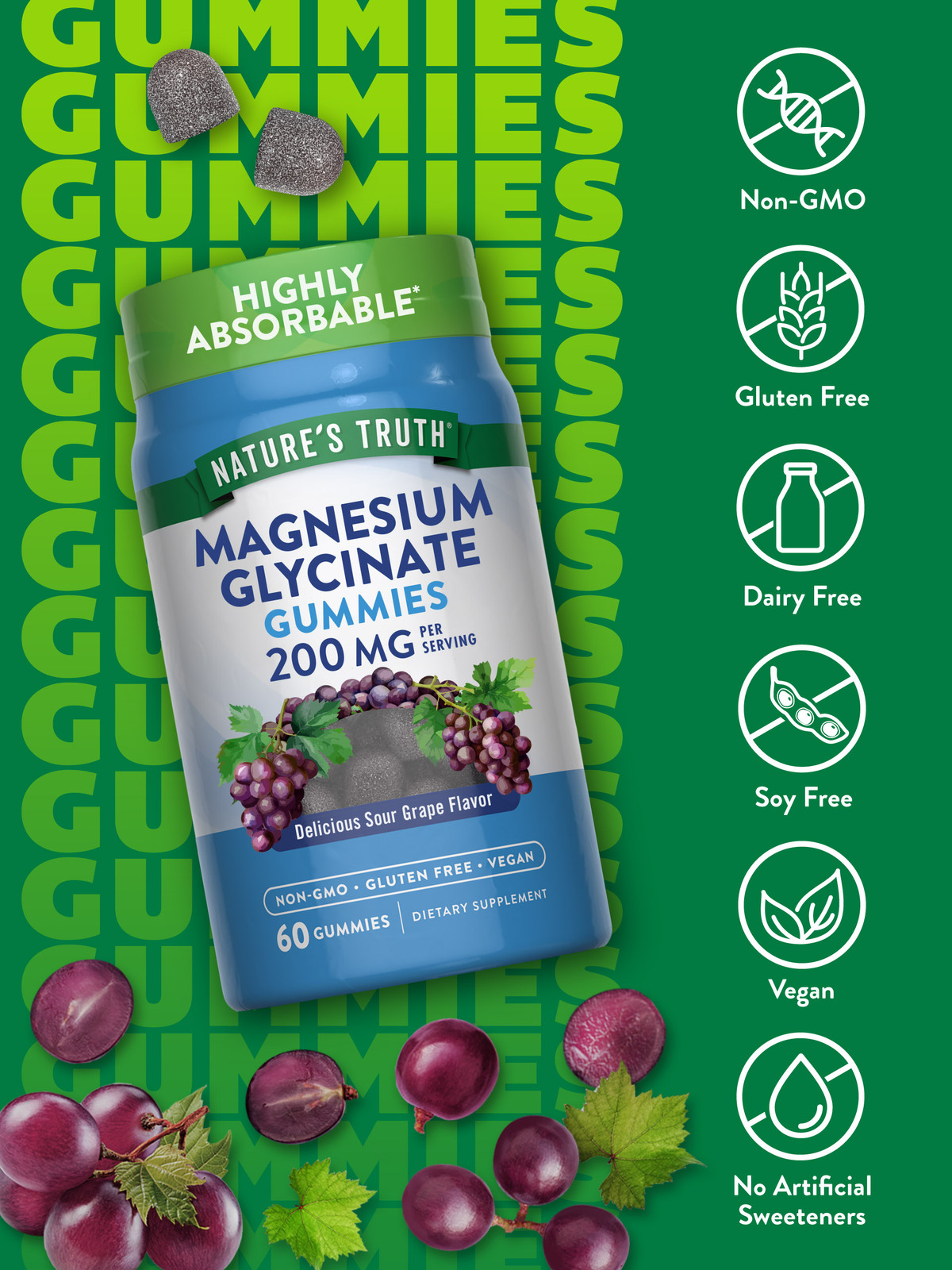 Magnesium Glycinate 200 mg | 60 Gummies | Vegan, Non-GMO | by Nature’s Truth