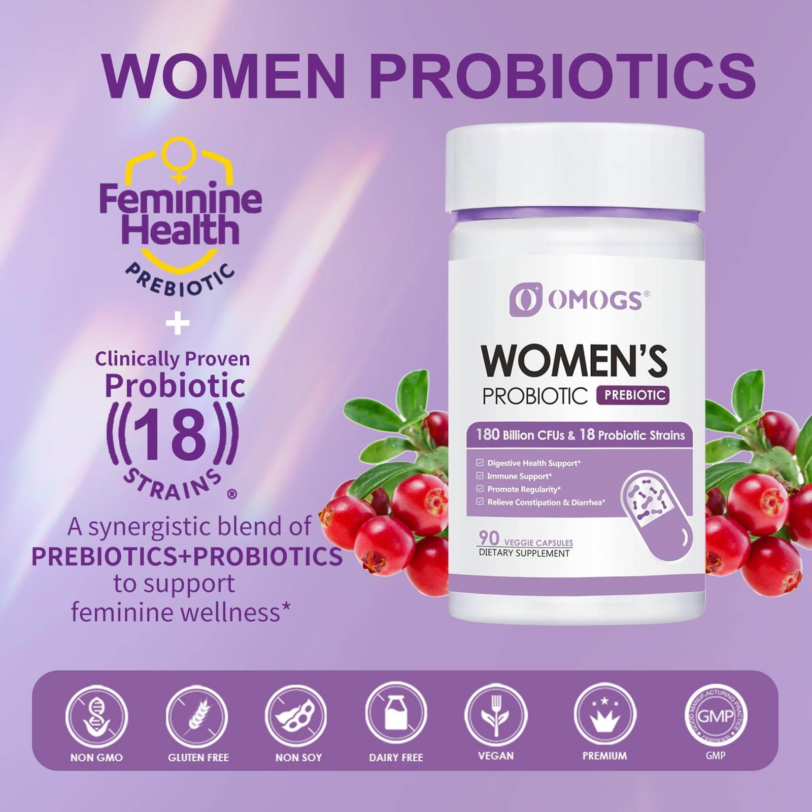 OMOGS Women’s Probiotic 180 Billion CFUs 18 Strains, with Organic Prebiotics, Cr