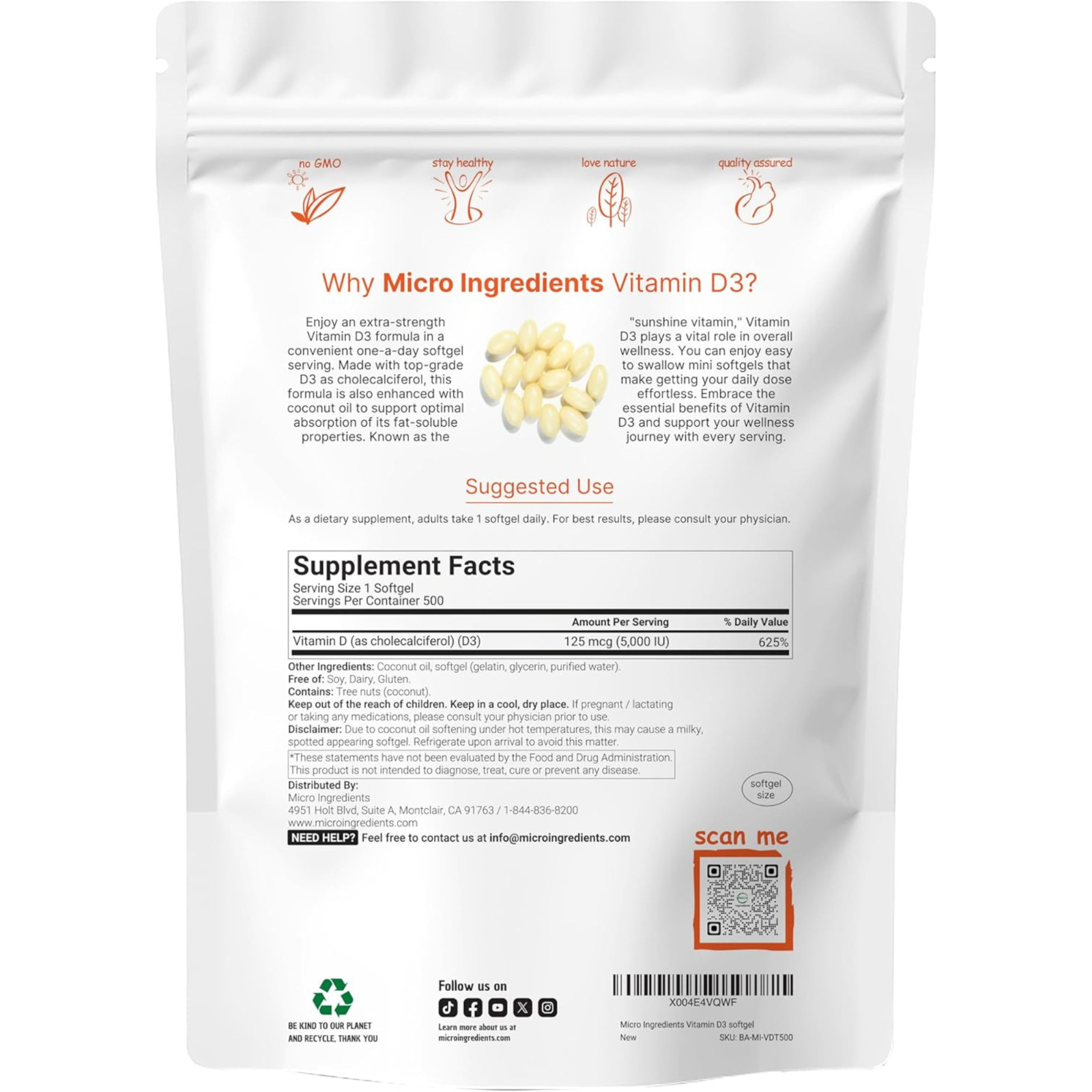Micro Ingredients Vitamin D3 5000 IU 500 Softgels Coconut Oil Non-GMO Bone Immun