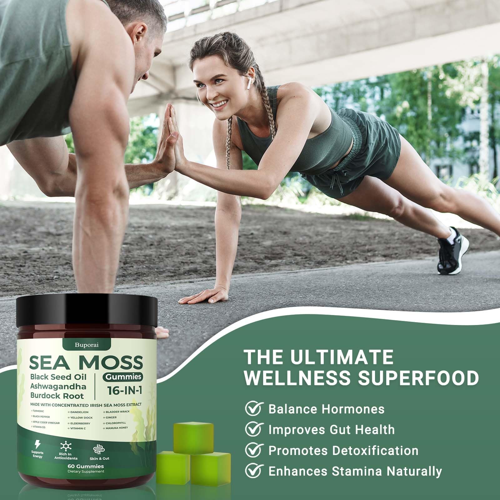 Buporai Sea Moss Gummies 16-1, Black Seed Oil Ashwagandha Turmeric Bladder Wrac