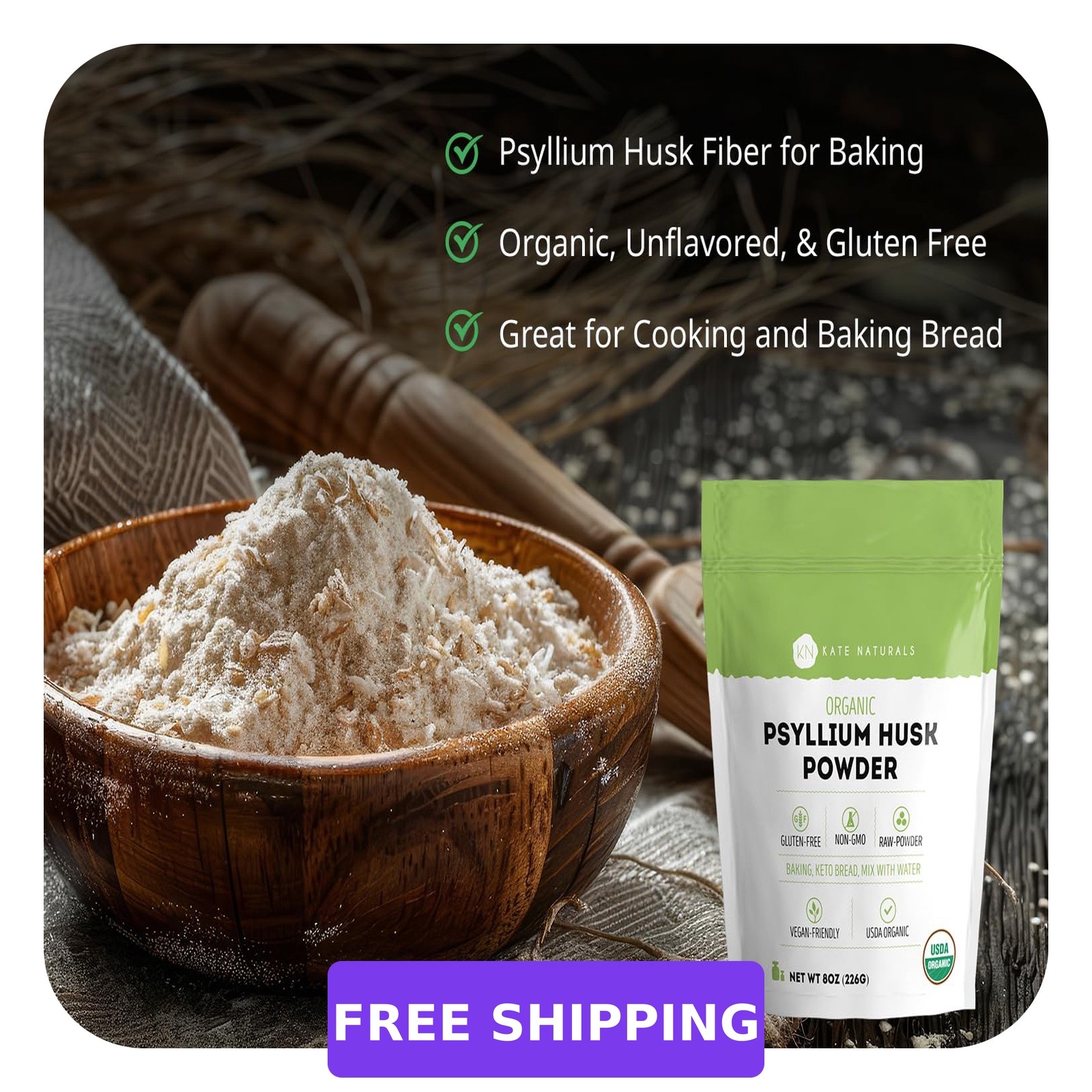 Kate Naturals Psyllium Husk Powder 8oz Organic Gluten Free Baking Digestion