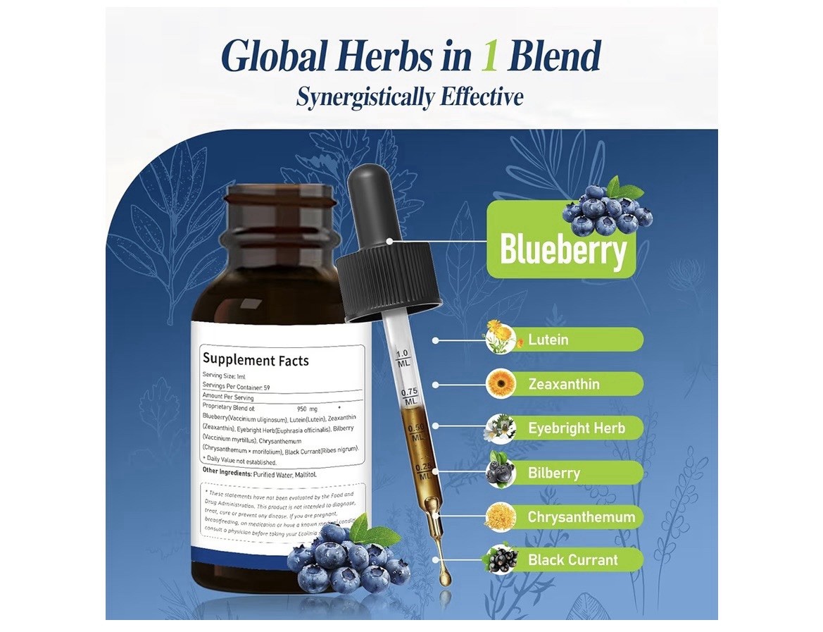 Blueberry Extract Supplement for Eye Health, 7-In-1 Formula Herbal Drops Support