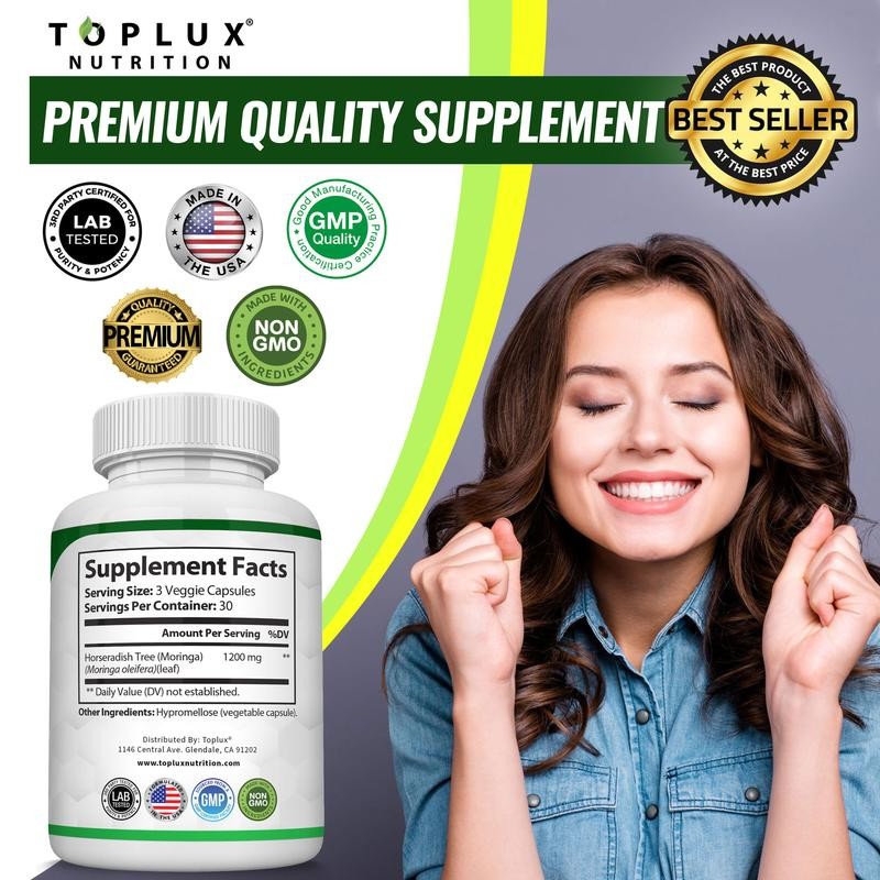 3PCS Moringa Capsules 1200mg Pure Moringa Powder Immune Gut Support 90 Count