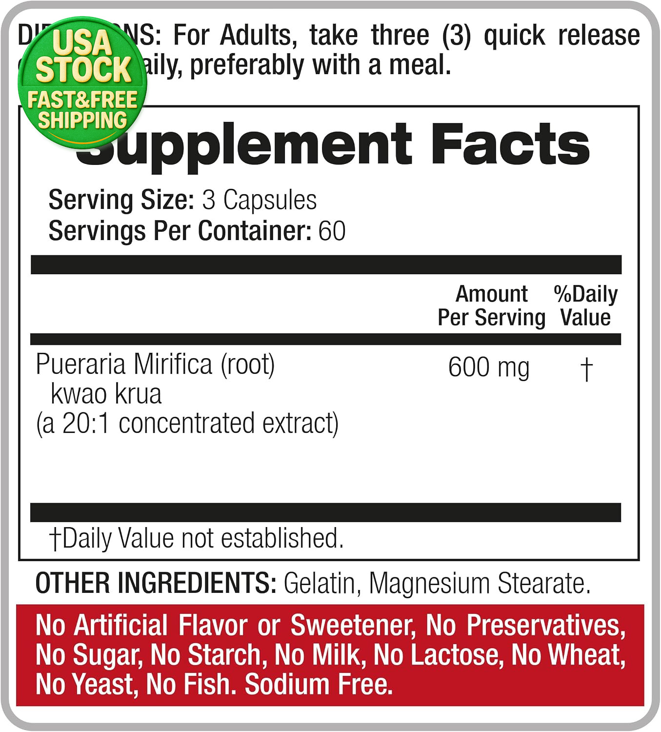 Pueraria Mirifica Capsules 600Mg Herbal Supplement 180 Count 60 Day Supply