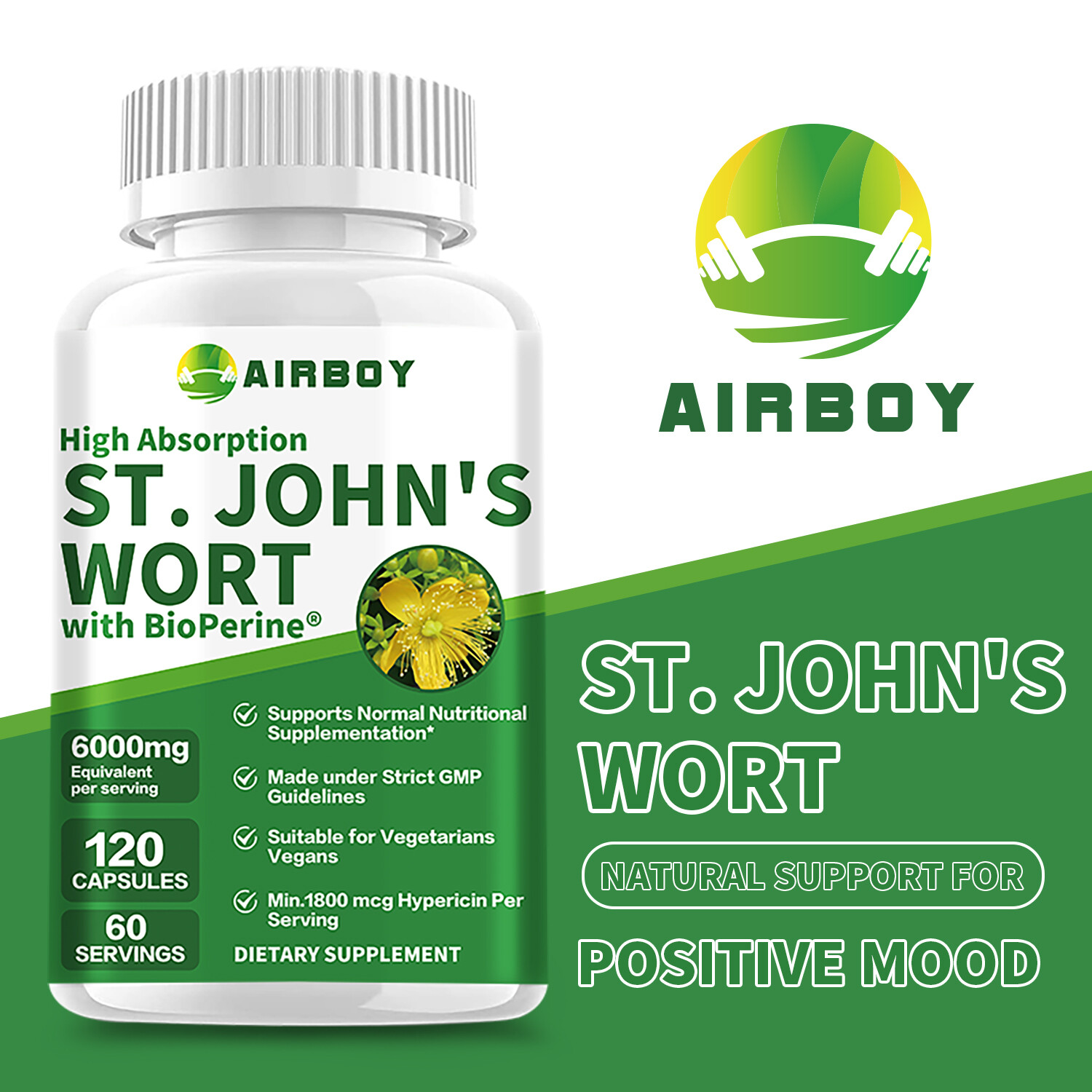 120pcs St. John’s Wort 6000mg – 0.3% Hypericin-Stress Anxiety Depression Relief