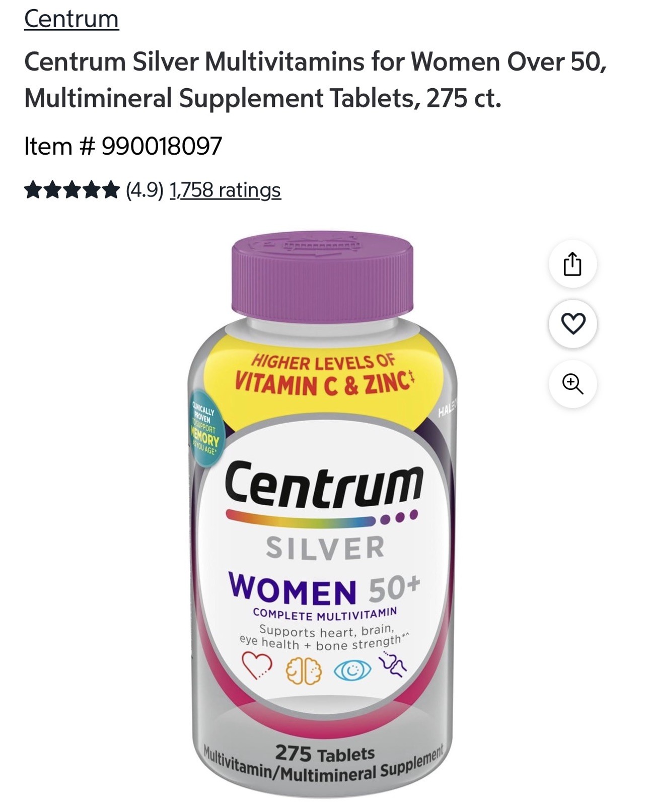 Centrum Silver Women 50 Plus Complete Daily Multivitamin 275 Tabs EXP 08/2027