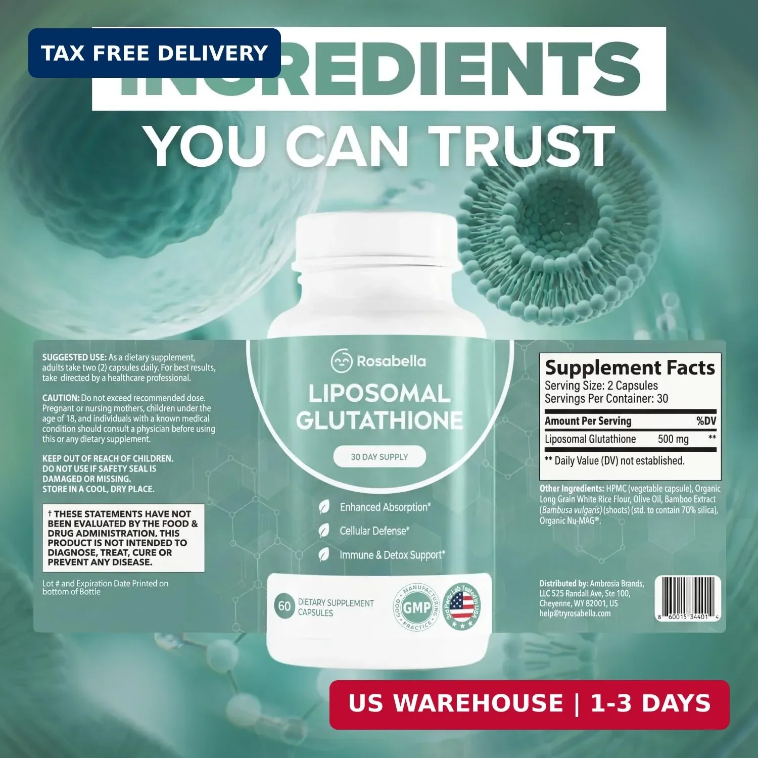 Rosabella Liposomal Glutathione 500mg – High Absorption Glutathione Supplement,