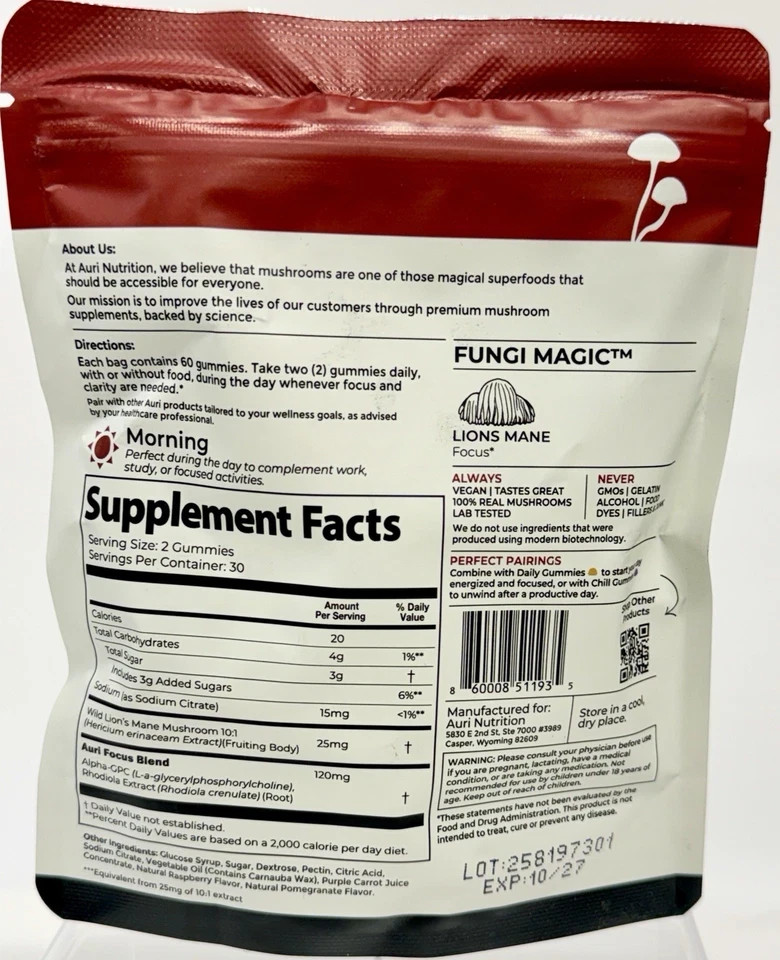 Auri Super Mushroom Focus Gummies 60 Ct Lion’s Mane Raspberry Pomegranate, New