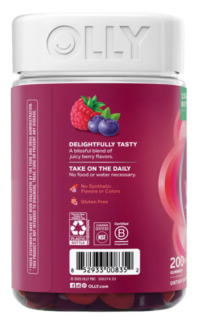 OLLY Womens Multi Vitamin Gummies 200ct A C D B Biotin Folic Acid Blissful Berry