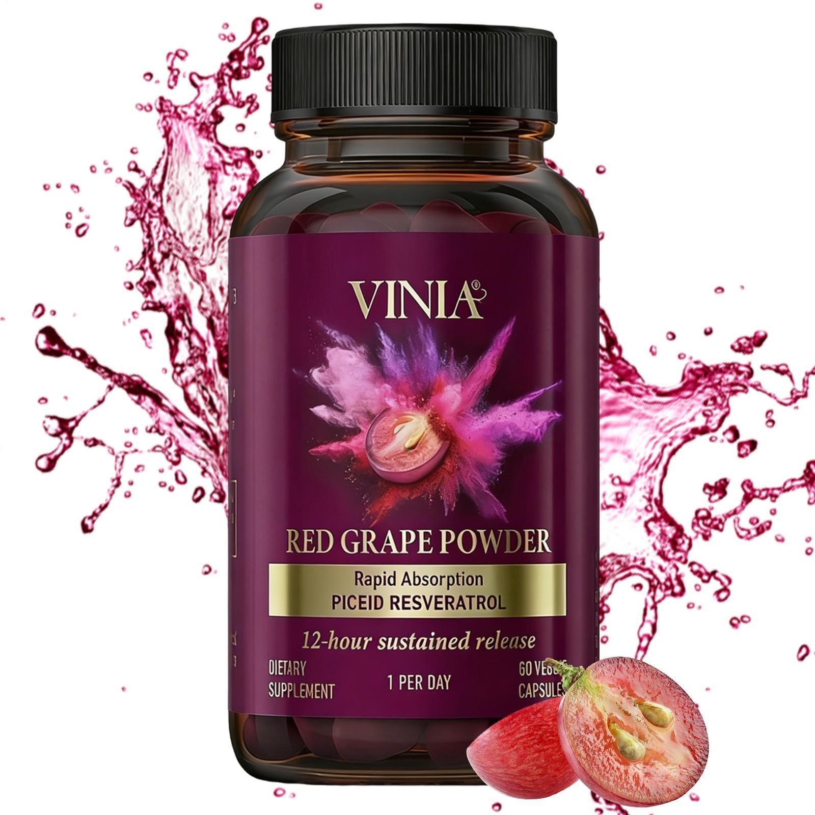 VINIA Piceid Resveratrol Red Grape Powder Supplement Increases Blood Flow 60caps