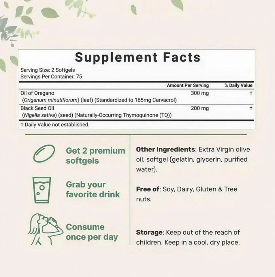 2 in 1 Oil of Oregano & Black Seed Softgels Count with Carvacrol, 40% discount !