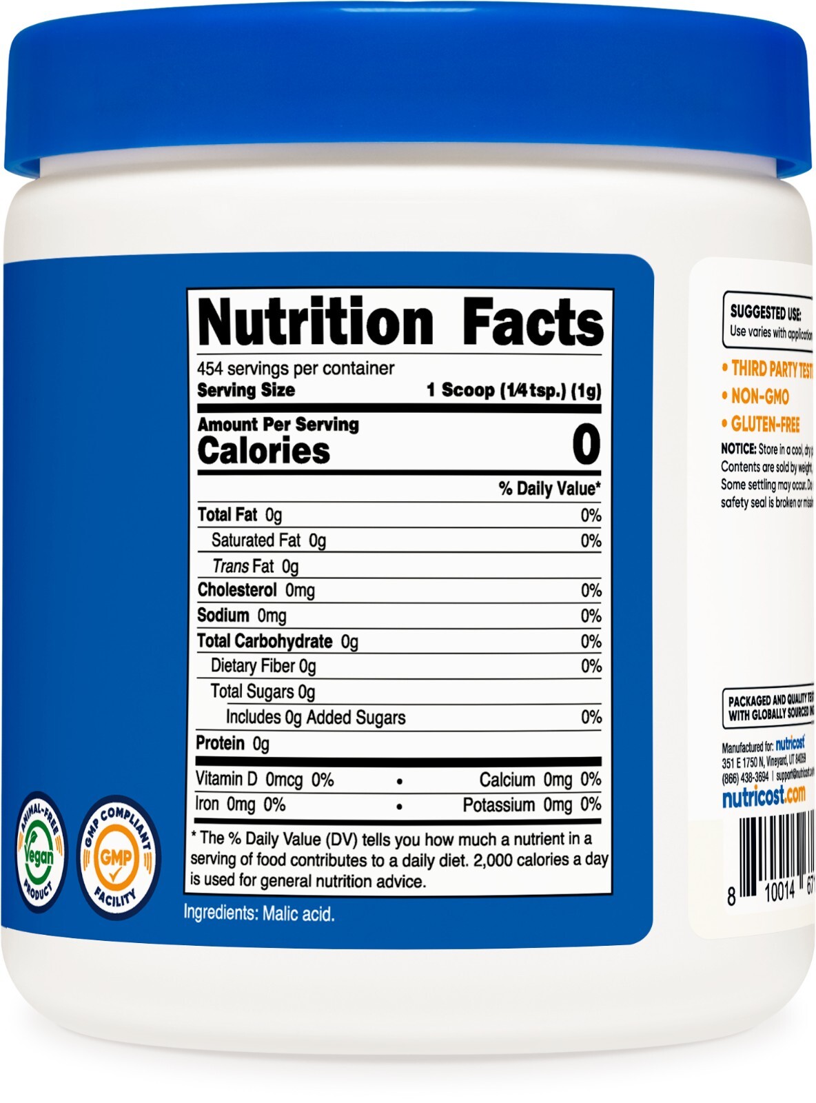 Nutricost Malic Acid Powder 1 LB (16oz) – Gluten Free, Non-GMO (454 Grams)