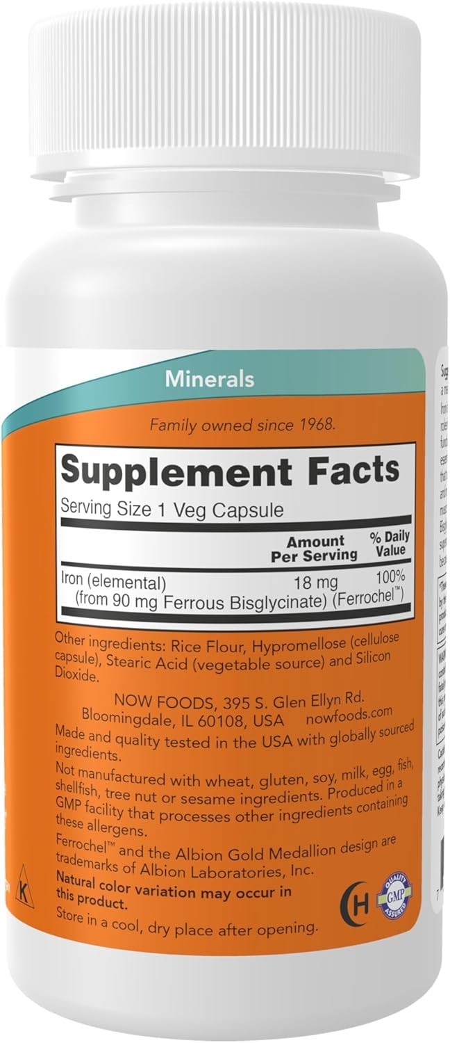 NOW Foods Iron 18mg 120 Veg Capsules Non-Constipating Essential Mineral